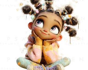 Black Toddler Girl Clipart: Afro Puffs, Hoodies, Sneakers (PNG Digital Download)