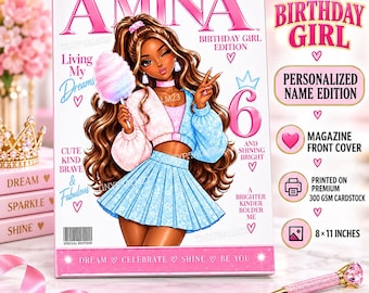Birthday Girl Doll Magazine, Personalized Name Cover, 8x11 Cardstock Party Favor