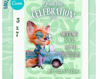 Nick Wilde Birthday Invitation & Happy Birthday Card | Editable Canva Template | Zootopia-Inspired