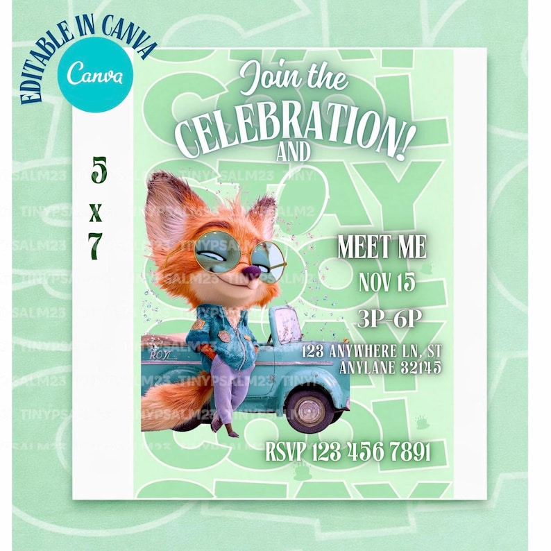 Nick Wilde Birthday Invitation & Happy Birthday Card | Editable Canva Template | Zootopia-Inspired image 1