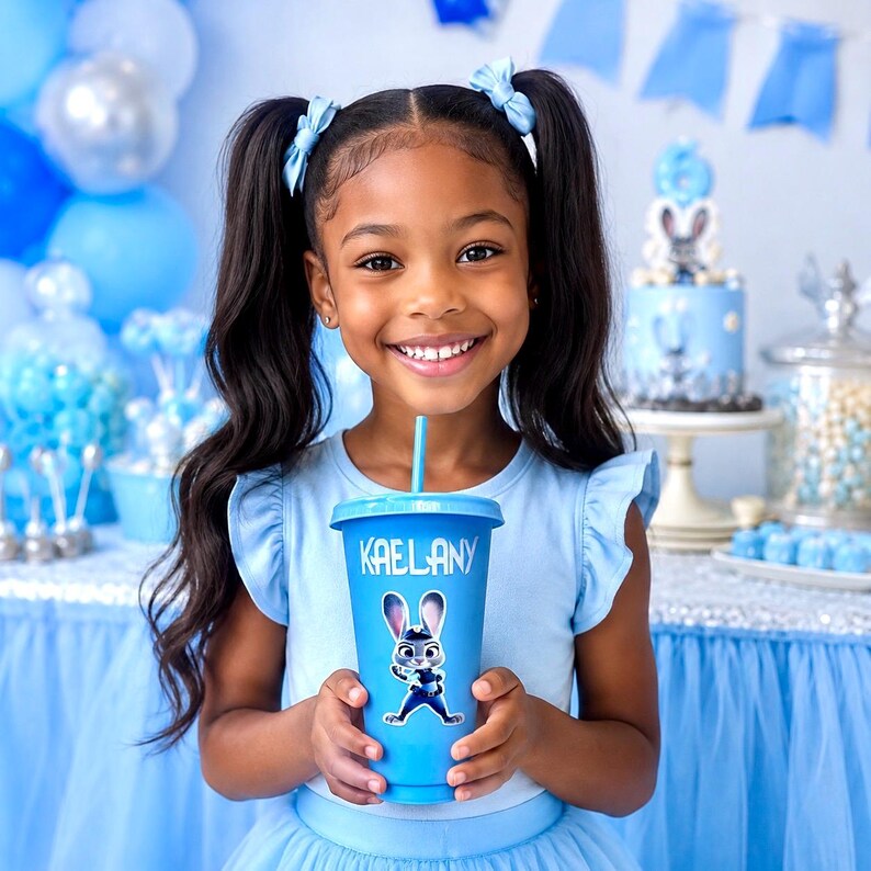 May include: A light blue plastic tumbler with a matching lid and straw, featuring the name KAELANY printed in white above a graphic of a cartoon rabbit character wearing a dark blue outfit, positioned against a blue-themed party background.