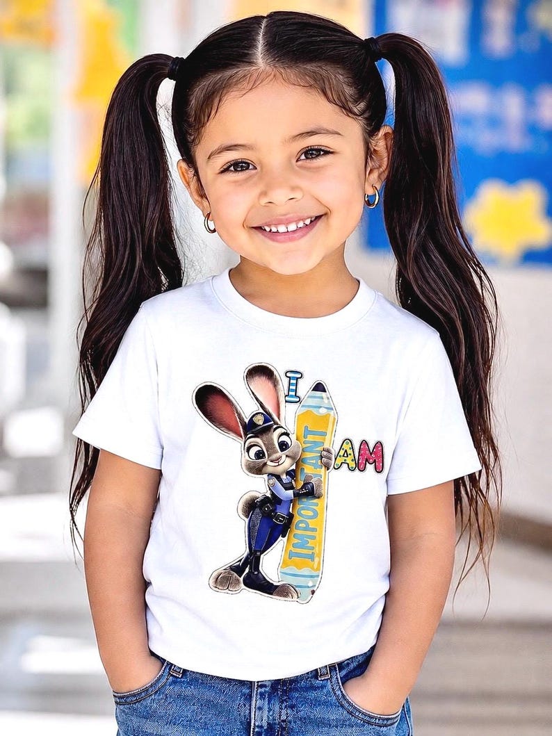 K&ouml;nnte beinhalten: Ein junges M&auml;dchen tr&auml;gt ein wei&szlig;es T-Shirt mit einem Cartoon-Bild eines Hasen-Polizisten, der einen gelben Bleistift mit dem Wort "IMPORTANT" h&auml;lt. Der Text "I AM" steht &uuml;ber dem Bleistift. Das M&auml;dchen hat dunkle Haare in Z&ouml;pfen und l&auml;chelt.