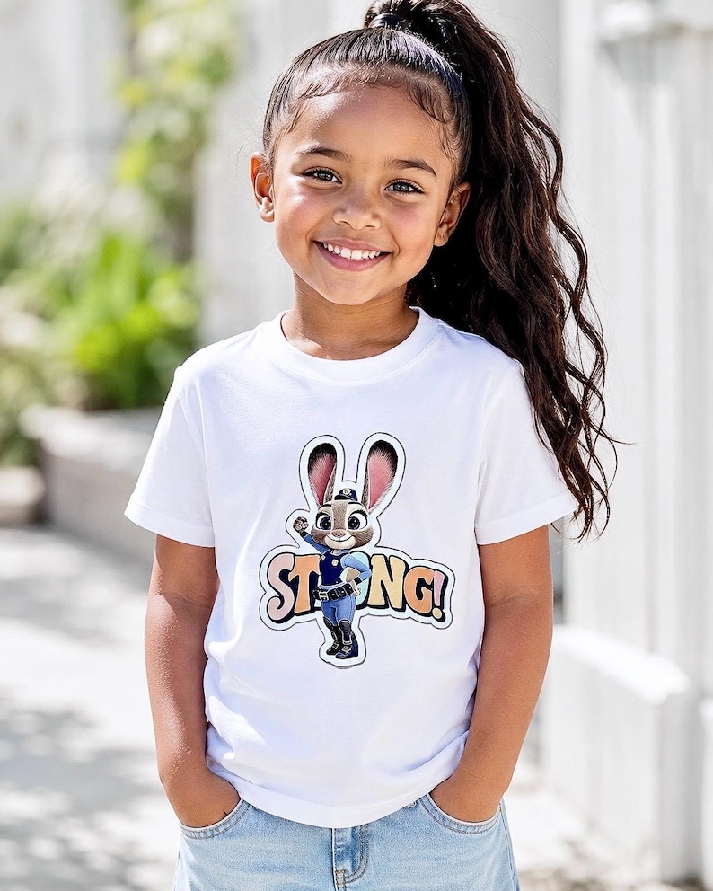 Op de afbeelding: Een wit T-shirt met een cartoonafbeelding van Judy Hopps uit Zootopia, met het woord "STRONG!" in kleurrijke letters. Het T-shirt wordt gedragen door een jong meisje met lang, donker haar en een spijkerbroek.