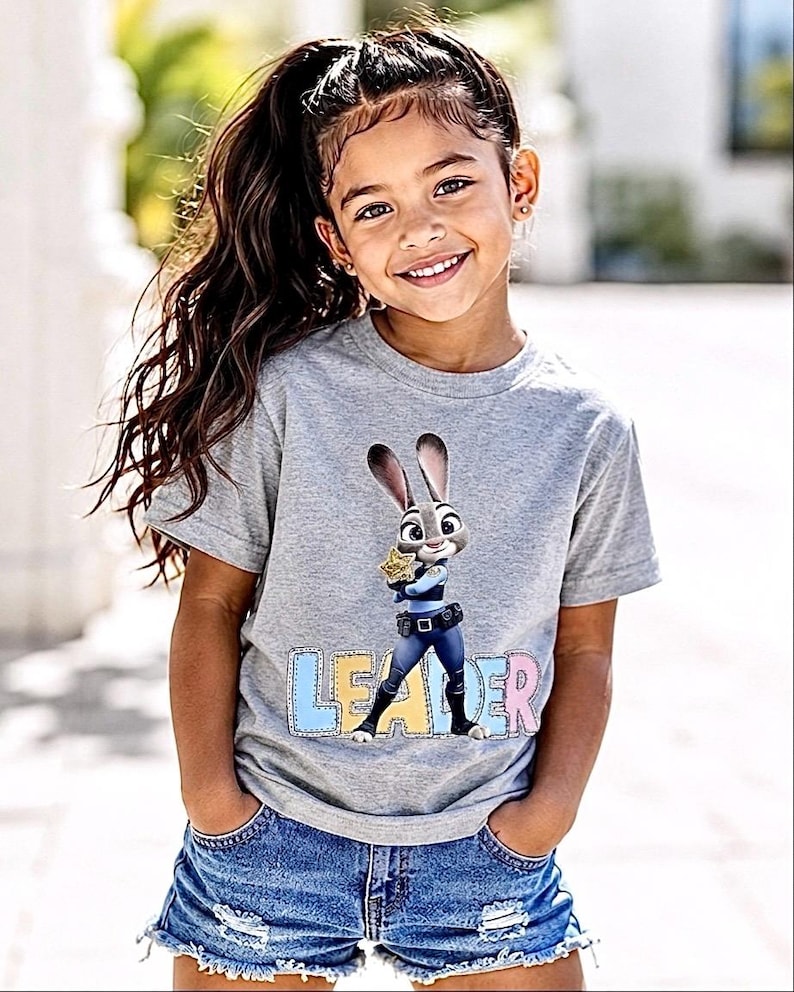 May include: A young girl in a grey t-shirt featuring Judy Hopps from Zootopia, holding a badge. The word "LEADER" is printed below the image in colourful letters. She is also wearing denim shorts.