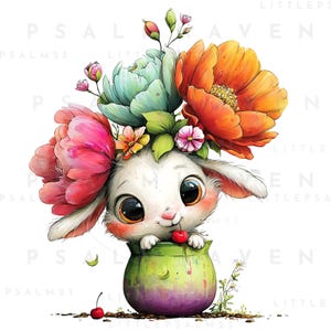 Puede incluir: Una ilustración caprichosa de un conejo blanco con ojos grandes y expresivos, sosteniendo una cereza. El conejo está adornado con un vibrante arreglo floral de flores rosas, naranjas y turquesas. Está metido en una maceta verde y morada.