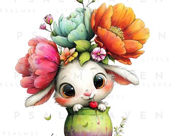 Garden Animals Clipart Bundle: Bunnies, Squirrels, Floral Pots (PDF Download, 4000x4000, 300 DPI