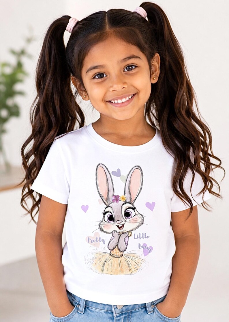 May include: A white short-sleeved t-shirt featuring a graphic illustration of a grey rabbit with large eyes, wearing a yellow skirt and a small flower crown. The text Pretty Little Bunny is printed in purple script alongside small pastel hearts.