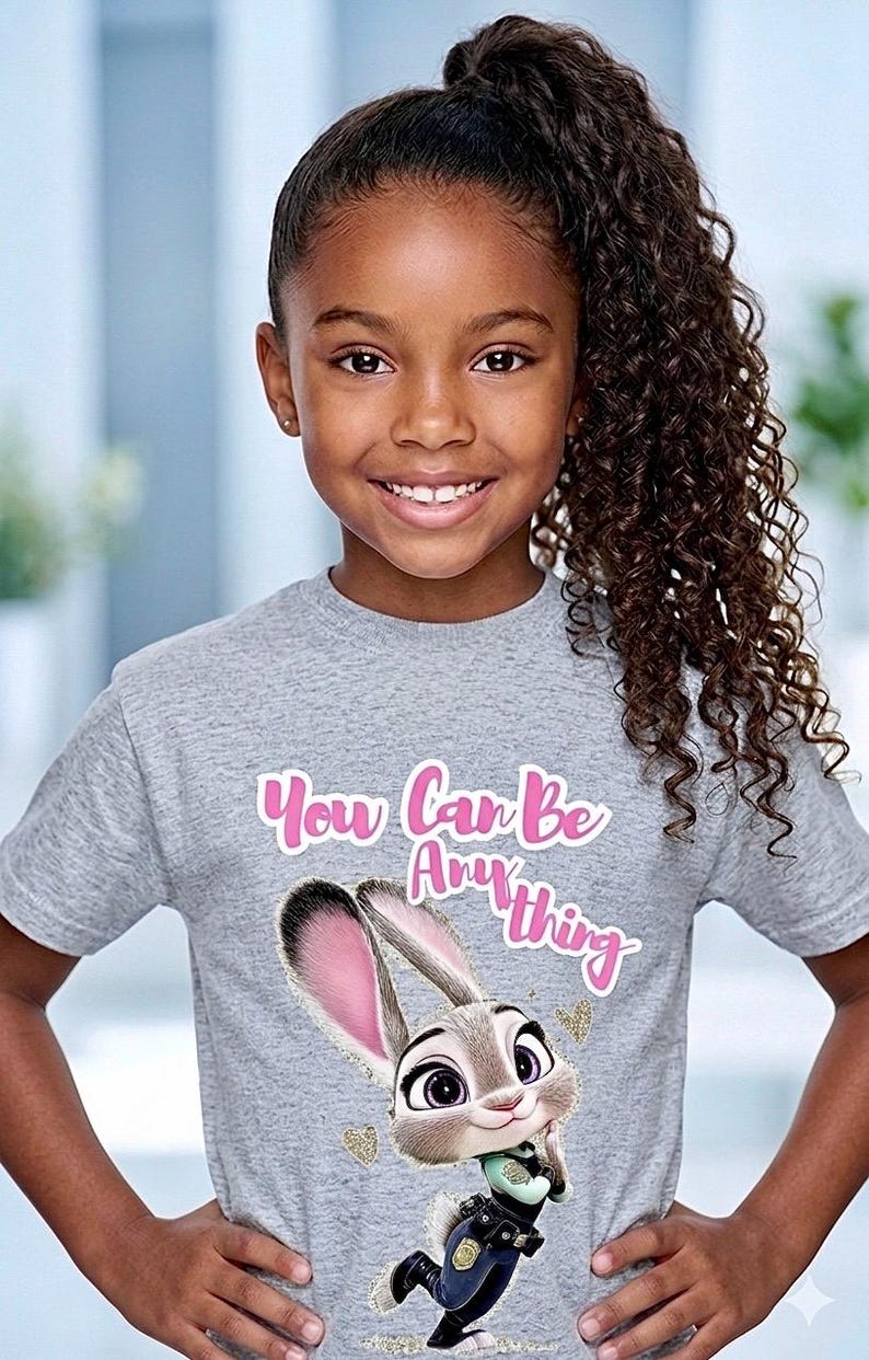 May include: A young girl smiles, wearing a gray t-shirt with the text "You Can Be Anything" in pink script. The shirt features a cartoon image of a bunny in a police uniform. The girl has curly brown hair.