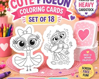 Pigeon Coloring Cards Set | Die-Cut Heavy Cardstock Activity Cards (18 Pack)