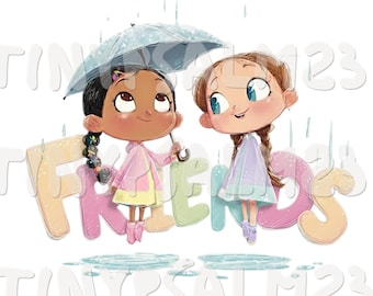 Rainy Day Besties Clipart Set of 12 | Pastel Watercolor Kids Art | Friendship Printable