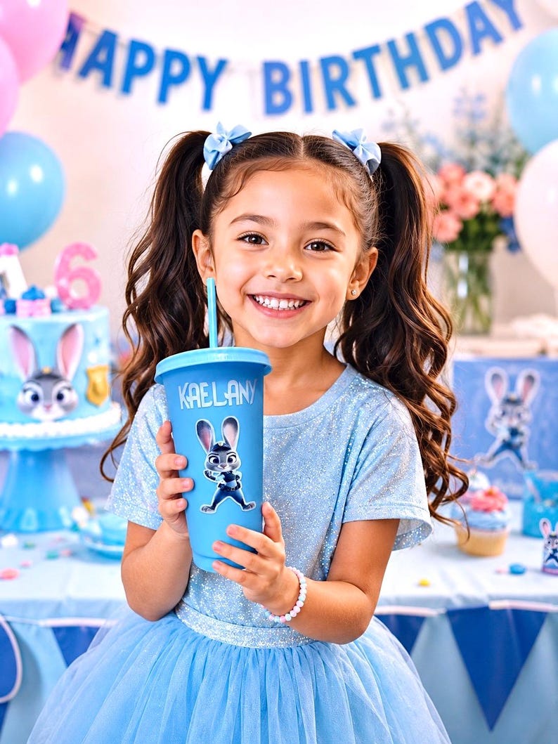 May include: A light blue plastic tumbler with a lid and straw, featuring a graphic of a cartoon rabbit and the name KAELANY printed in white. The cup has a smooth finish and is held upright, displaying the character design clearly on the front.