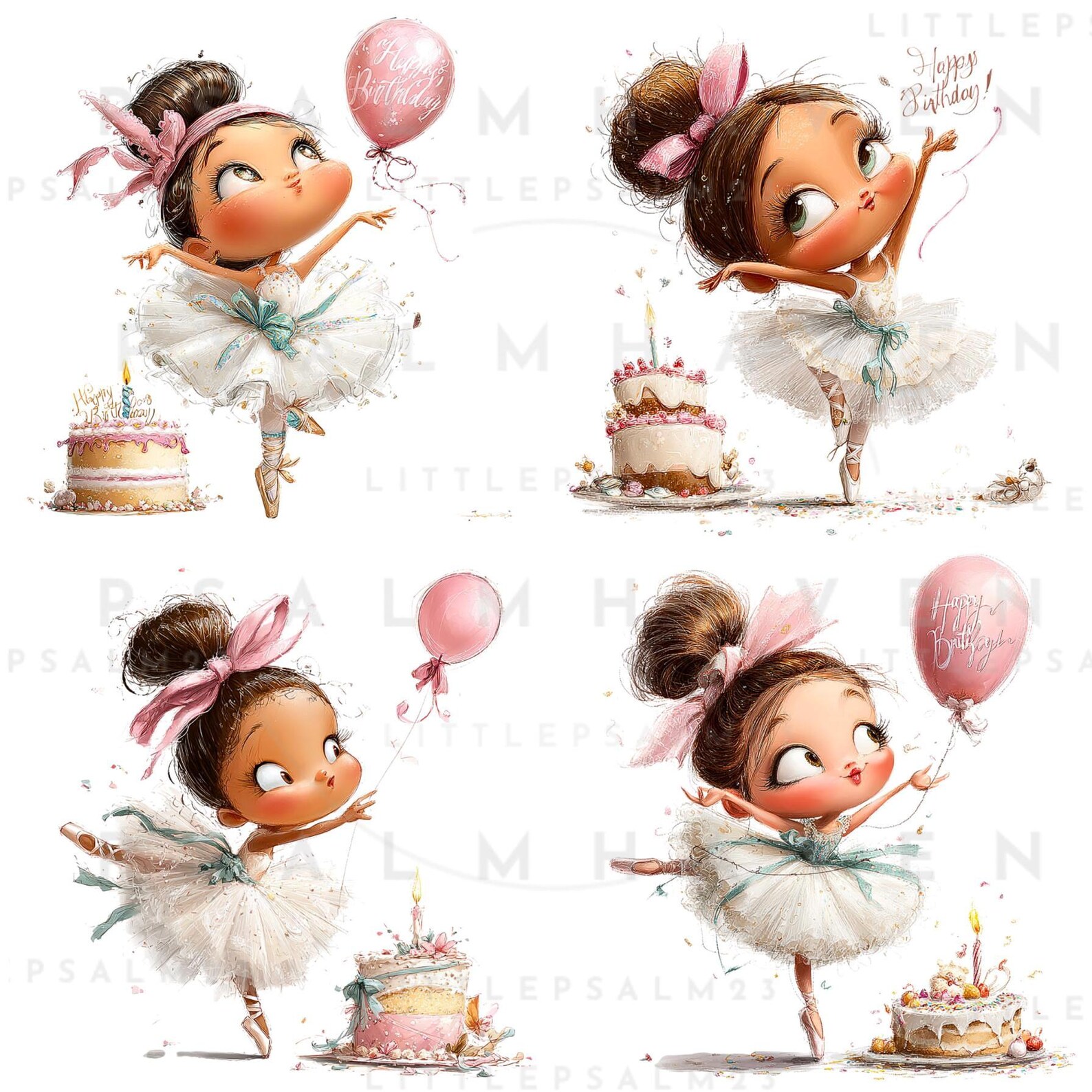 Ballerina Birthday Girl Clipart – 20 Pngs, Cake, Balloons & Tutu ...