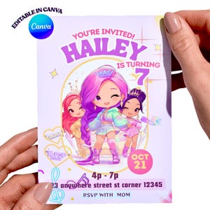 May include: A birthday party invitation featuring a cartoon illustration of three girls. The invitation reads "You're Invited! Hailey is turning 7" with event details. The Canva logo is in the upper left corner.