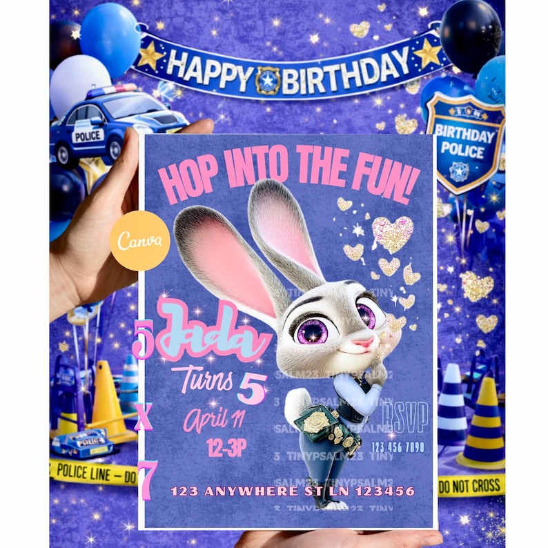 Judy Hopps Birthday Invitation & Happy Birthday Card | Editable Canva Template | Zootopia-Inspired afbeelding 1