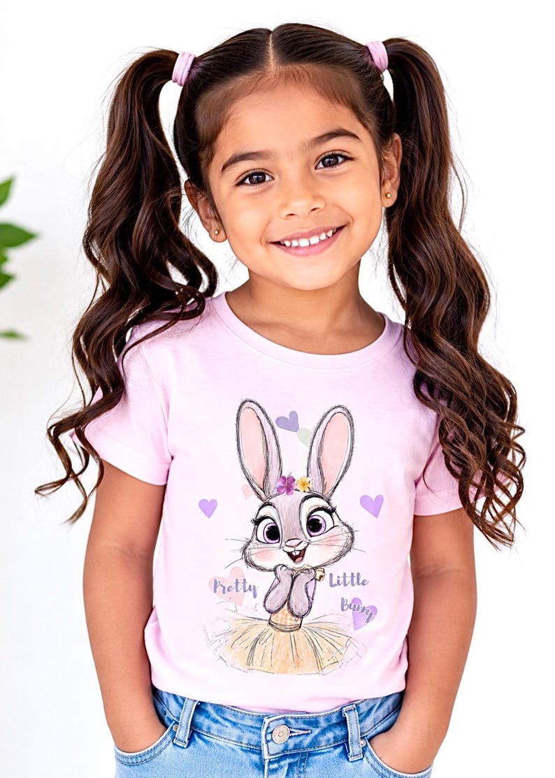 May include: A light pink short-sleeved t-shirt featuring a graphic illustration of a cartoon rabbit wearing a tutu and a flower crown, surrounded by small purple hearts, with the text Pretty Little Bunny printed in a cursive font below the rabbit.