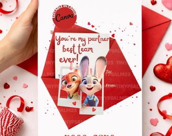 Zootopia-inspired Valentine's card featuring Judy Hopps and Nick Walde | Editable in Canva