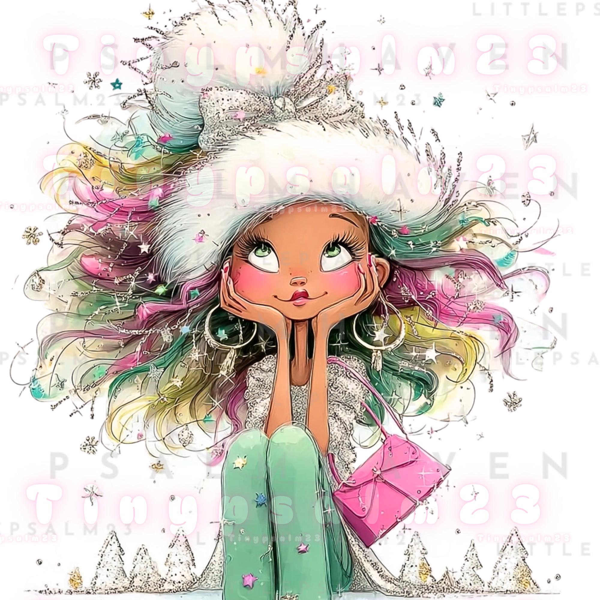 Whimsical Glam Girls Clipart • 19 PNG • Winter Rainbow Hair & Fuzzy ...