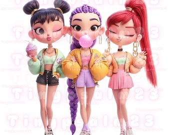 K-Pop Hunters PNG Clipart Bundle: Chibi Girls, Party Favors (PDF Download)