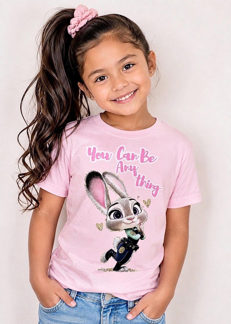 May include: Pink t-shirt featuring a cartoon image of Judy Hopps from Zootopia. The shirt has the text "You Can Be Anything" in pink script. The girl in the image is wearing a pink scrunchie in her hair.