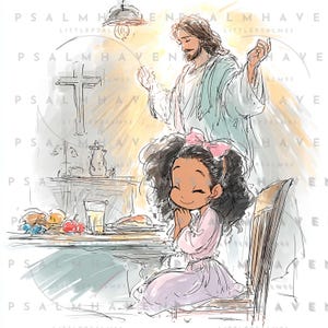 Little Girl Dinner Prayer Clipart: Faith-Based Art (PNG & PDF, 300 DPI)