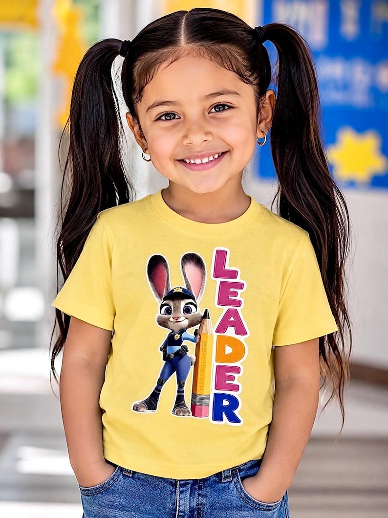 May include: A young girl wearing a yellow t-shirt featuring a cartoon rabbit character holding a pencil. The word "LEADER" is printed vertically on the shirt in pink, orange, and blue letters. The girl is smiling and wearing blue jeans.