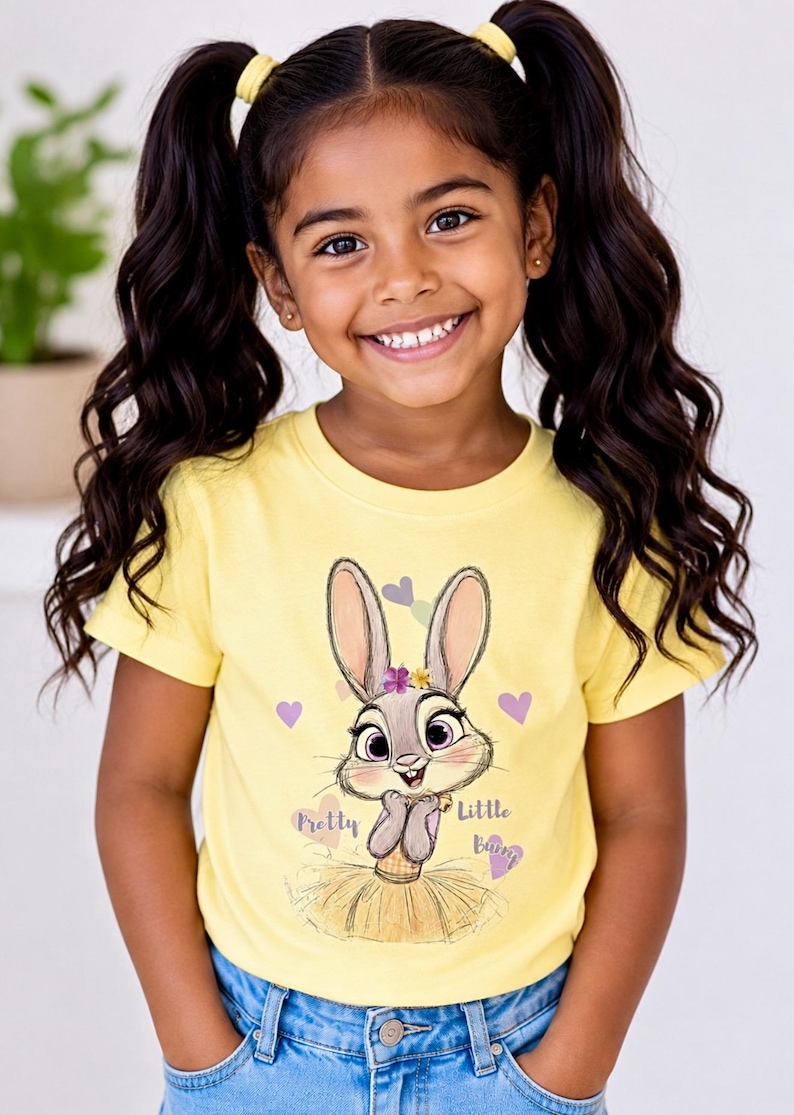 May include: A bright yellow short-sleeved t-shirt featuring a graphic of a cartoon rabbit wearing a yellow tutu and a small flower crown. The rabbit is surrounded by small pastel hearts, with the text Pretty Little Bunny printed in purple.