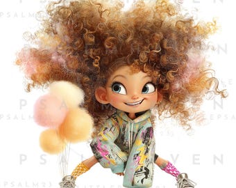 Whimsical Curly Hair Girl Clipart – 14 PNGs | Streetwear Outfits, Balloons, Cake & Skates | Transparent PNGs