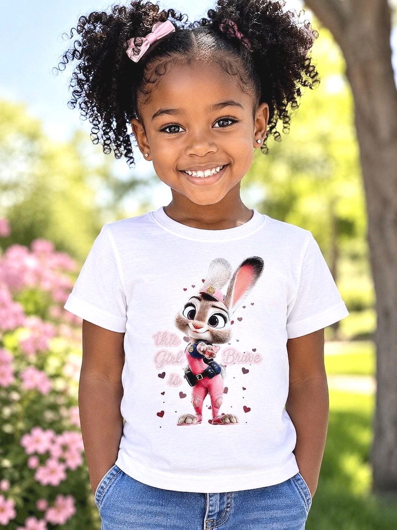 May include: A young girl wearing a white t-shirt featuring a cartoon bunny character in a pink uniform. The shirt has the text "This Girl is Brave" with heart accents. The girl is smiling, with a background of green and pink flowers.