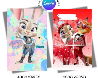 Judy Hopps & Nick Wilde–Inspired Valentines | Editable Cards | 3-Card Canva Bundle