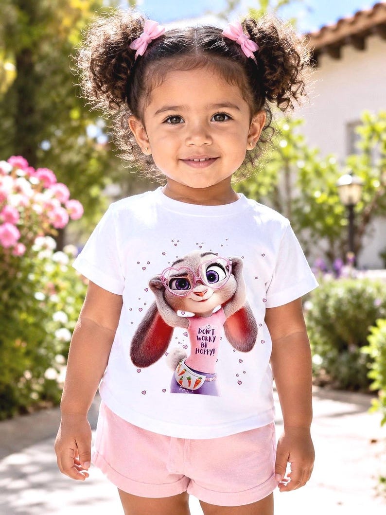 May include: A young child wearing a white t-shirt with a cartoon image of a bunny wearing glasses and the text "DON'T WORRY BE HOPPY!". The child is also wearing pink shorts and has pink bows in their hair.