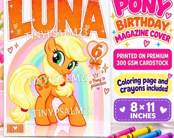 Personalized Pony Birthday Magazine Cover, Unicorn Party Favor, Coloring Page & Crayons (8x11)