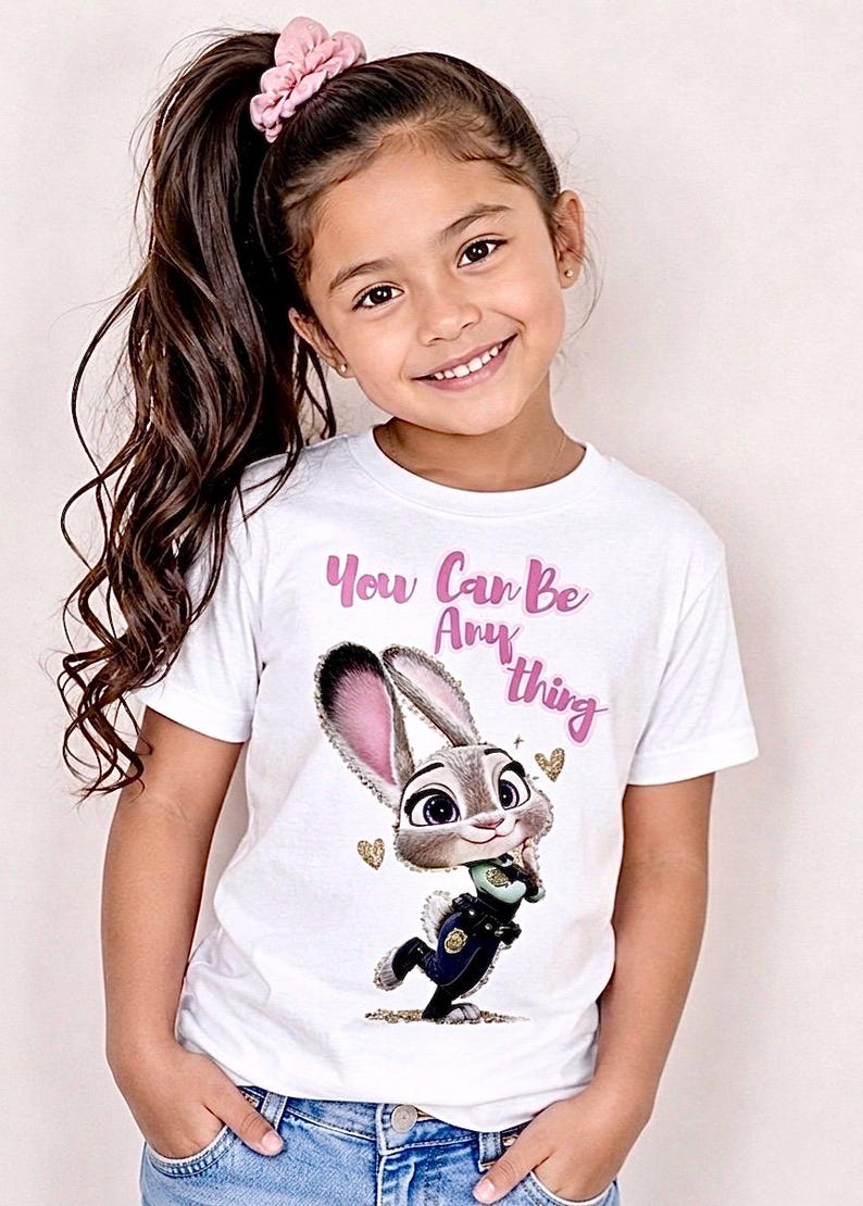 May include: A white t-shirt featuring a cartoon image of a bunny wearing a police uniform, with the text "You Can Be Anything" in pink. The girl is wearing a pink scrunchie in her hair.