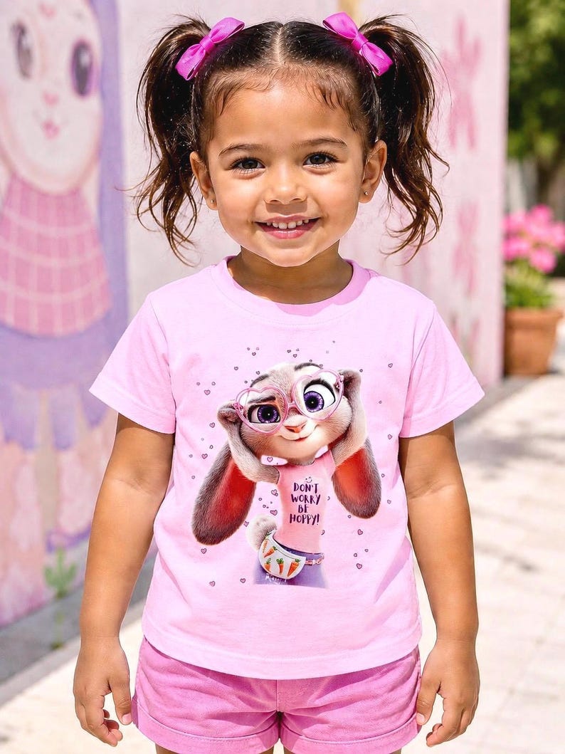 May include: A young girl smiles, wearing a pink t-shirt and shorts. The shirt features a cartoon bunny with glasses and the text "DON'T WORRY BE HOPPY!". The girl has brown hair styled with pink bows.