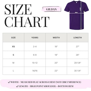 May include: A size chart for a purple t-shirt, with measurements in inches. The chart includes sizes XS, S, M, and L, with corresponding width and length measurements. The brand name "GILDAN" is also visible.