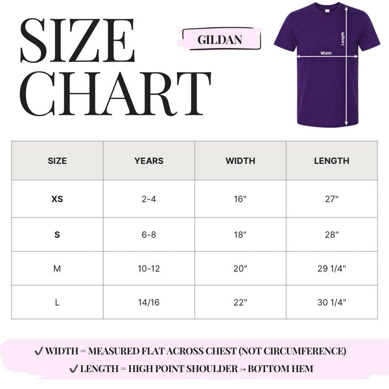 May include: A size chart for a purple t-shirt, with measurements in inches. The chart includes sizes XS, S, M, and L, with corresponding width and length measurements. The brand name "GILDAN" is also visible.