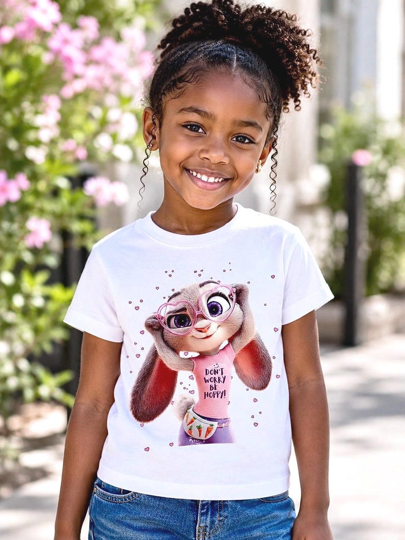 May include: A white t-shirt featuring a cartoon image of Judy Hopps from Zootopia, wearing pink glasses and a fanny pack. The shirt has the text "DON'T WORRY BE HOPPY!". The girl is wearing blue jeans.