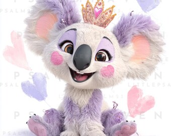 Kawaii Koala Princess Clipart – 16 Hand-Designed PNGs | Pastel Purple Hearts & Crowns | White Background