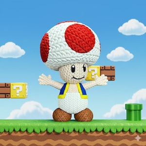Könnte beinhalten: Gestrickte Toad-Figur aus der Super Mario-Videospielserie. Die Figur hat einen weißen Körper, eine rot-weiße Pilzkappe und eine blaue Weste. Sie steht auf einer grünen Grasfläche mit Fragezeichenblöcken und einem grünen Rohr im Hintergrund.