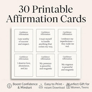 Printable Confidence Affirmation Cards - 30 Daily Positive Mindset Cards - Instant Download Self-Love Cards for Women, Men Teens