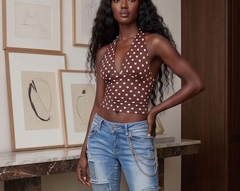 Trendy Polka Dot Crop Blouse for Women, Unique One Shoulder Top, Summer Aesthetic Clothing