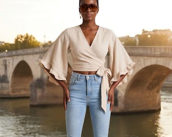 Boho Chic Linen Wrap Blouse with Ruffle Bell Sleeves & Waist Tie - V Neck Crop Top