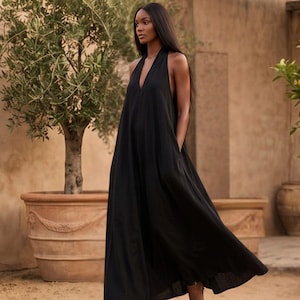 minimalist chic black halter dress Simple and Chic Cotton & Linen Halter A Line Long Dress