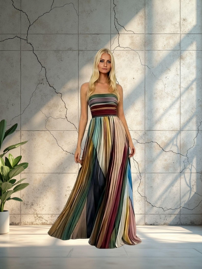 Bohemian Strapless Maxi Dress - Unique Striped Pleated Cocktail & Party Dress for Women