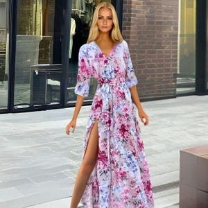 Women&#39;s Pink Printed Tie Maxi Dress for Summer Fashion, Boho Long Dress, Summer Maxi Dress, Feminine Clothing, Stylish Vacation Outfit