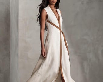 Einzigartiger Leinen Jumpsuit mit Stehkragen für Damen - Trendige, ärmellose Kontrastfarbe, bequem zu tragen