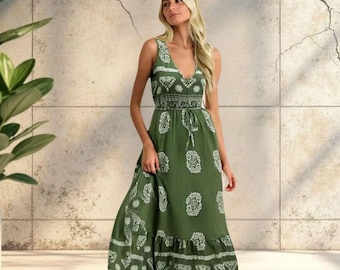 Green Floral Maxi Dress: Boho Cotton Summer Dress - Etsy