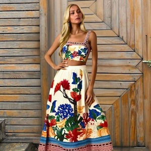 Floral Print Suspender Skirt Set - Women&#39;s 2-Piece Set for Summer Style, Trendy Vacation Outfit, Stylish Crop Top and Skirt, Maxi Skirt