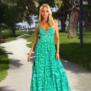 Boho Beach Dress - Green Graphic Print Sexy Hot Girl Sundress, Summer Party Dress with Seaside Vibes, Casual Summer Dress, Beach Dress