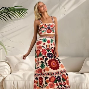 Trendy Suspender Skirt Set for Summer Style, Unique Crop Top Skirt Set, Boho Two Piece Set for Summer Fashion, Floral Print Two Pieces Set