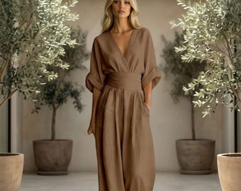 Unique V Neck Summer Jumpsuit | Wide Leg Casual Romper with Pockets for Women